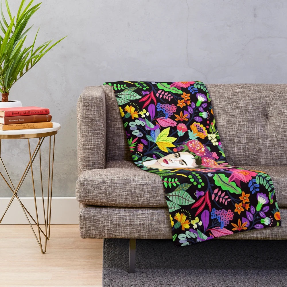 Frida Kahlo inspired plush blanket with vibrant floral pattern