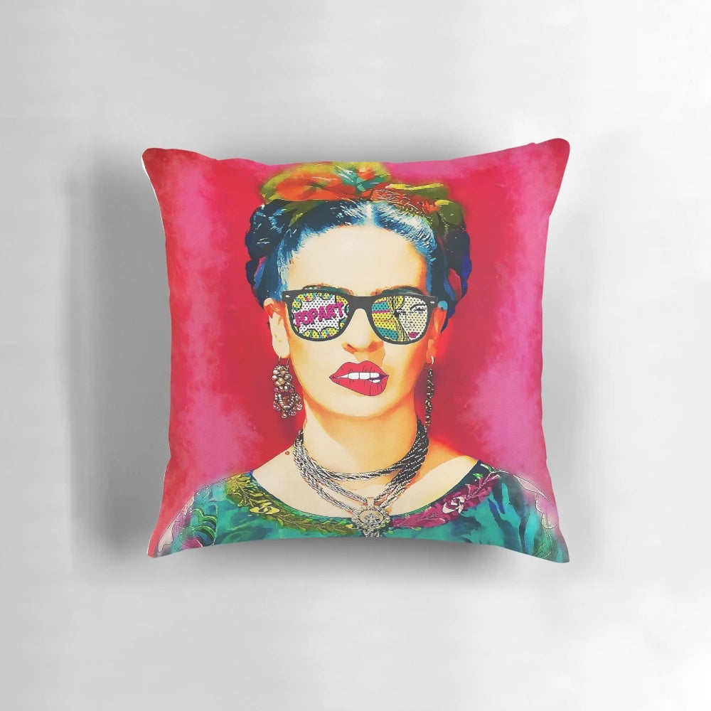 Vibrant Frida Kahlo-inspired pop art pillow featuring the iconic Mexican artist and feminist icon.