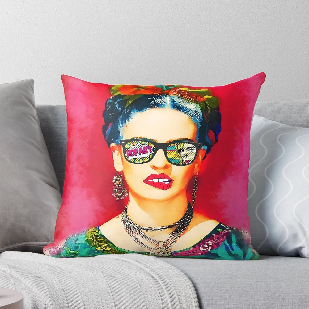 Vibrant Frida Kahlo-inspired pop art pillow featuring the iconic Mexican artist and feminist icon.