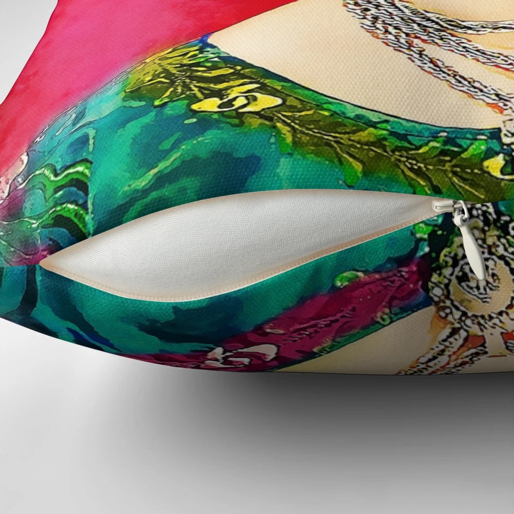 Vibrant Frida Kahlo-inspired pop art pillow featuring the iconic Mexican artist and feminist icon.