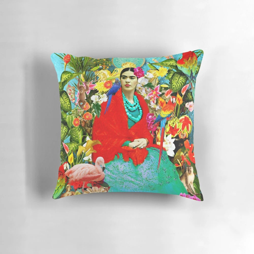 Vibrant Frida Kahlo portrait pillow featuring Mexican animals, plants, and birds