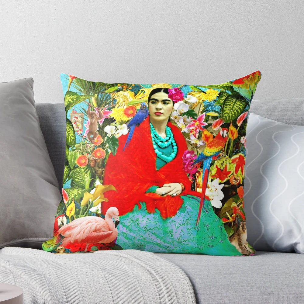 Vibrant Frida Kahlo portrait pillow featuring Mexican animals, plants, and birds