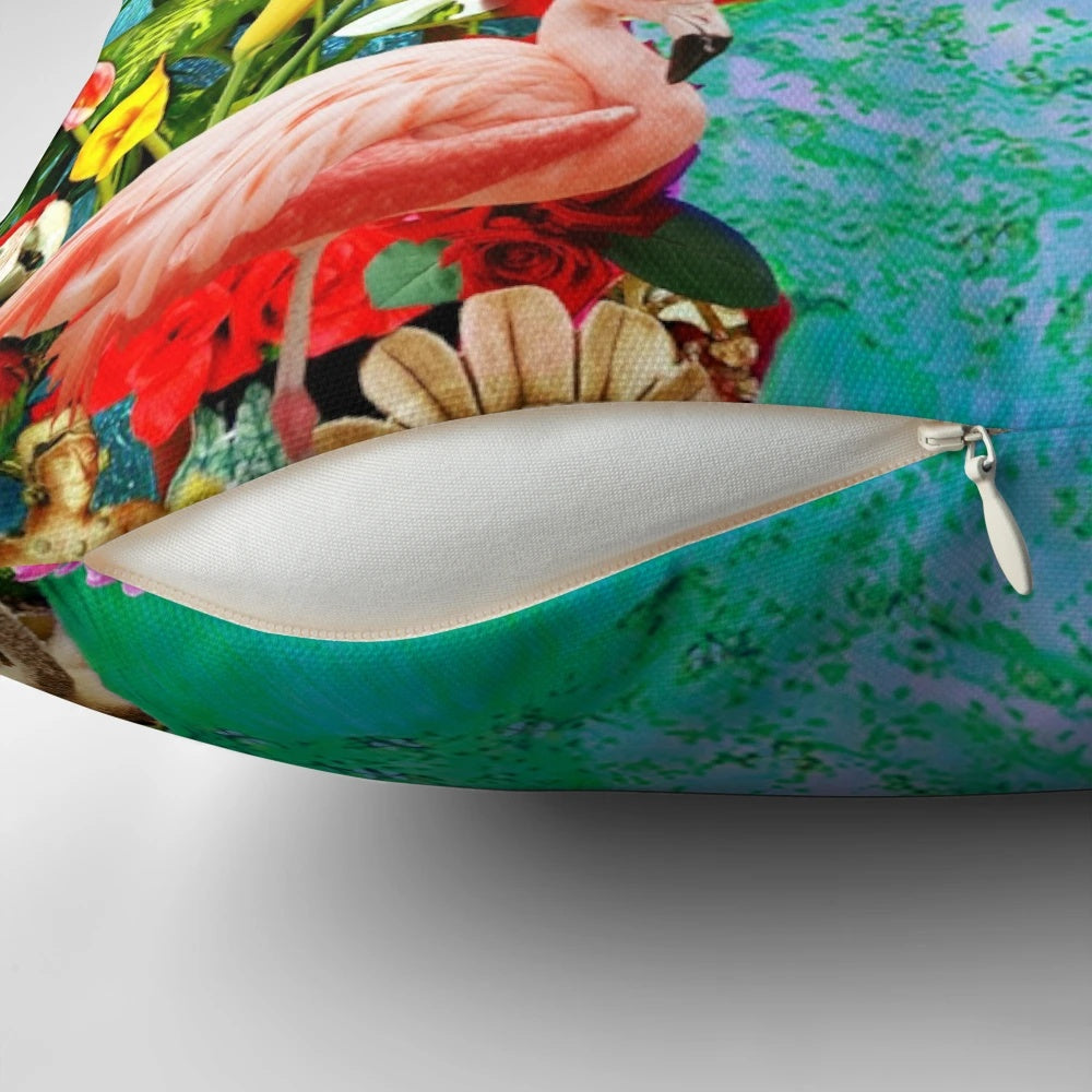 Vibrant Frida Kahlo portrait pillow featuring Mexican animals, plants, and birds