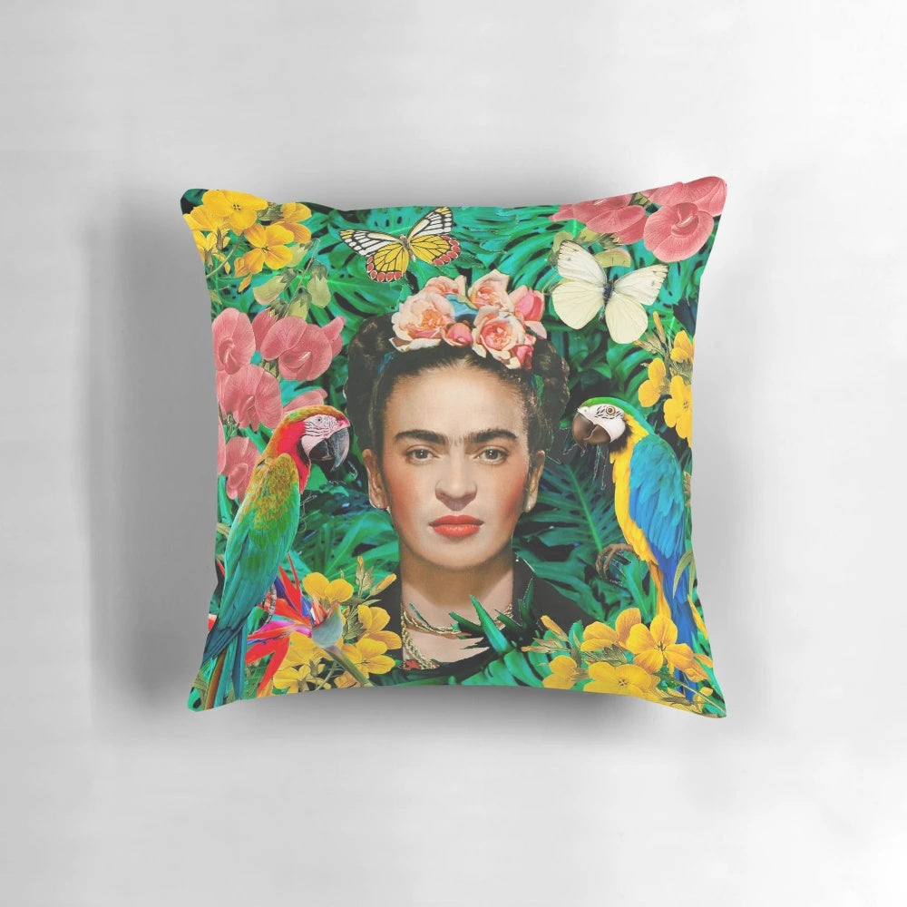 Vibrant decorative pillow featuring Frida Kahlo's iconic portrait with wild birds and nature elements.