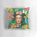Vibrant decorative pillow featuring Frida Kahlo's iconic portrait with wild birds and nature elements.