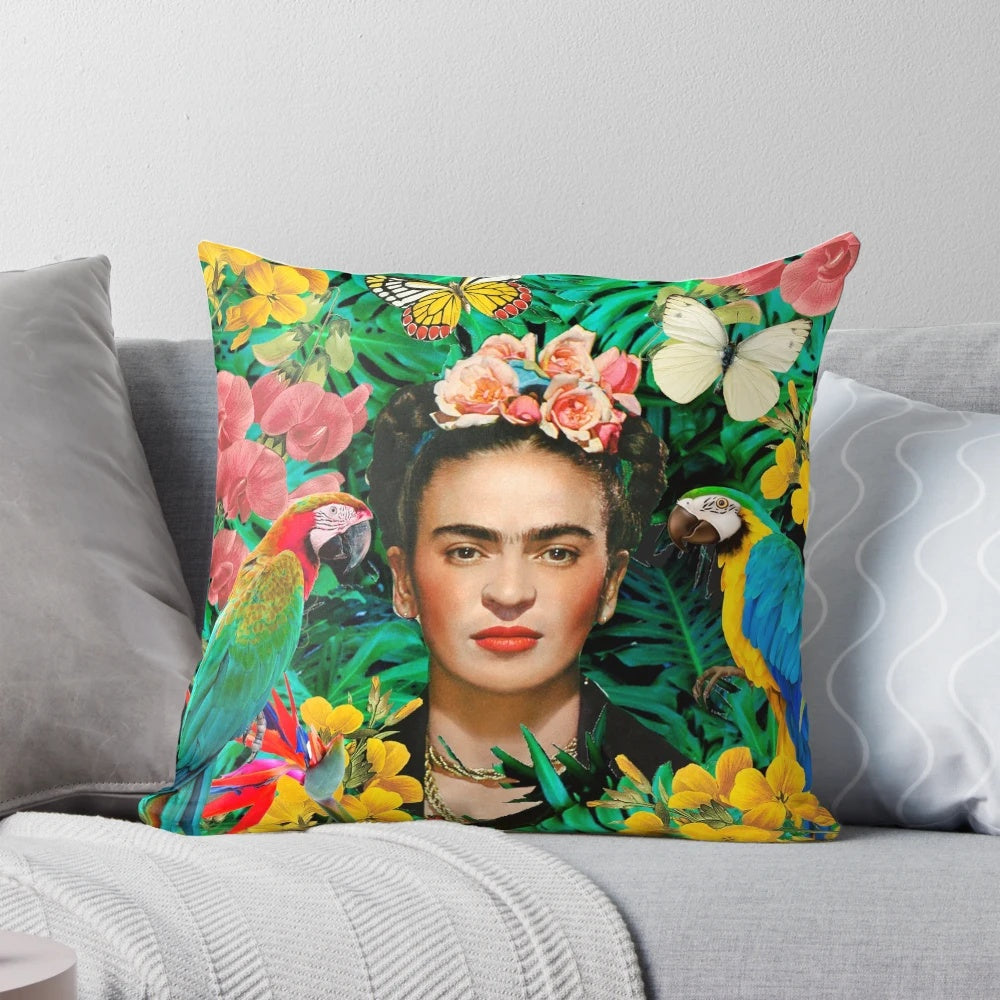 Vibrant decorative pillow featuring Frida Kahlo's iconic portrait with wild birds and nature elements.