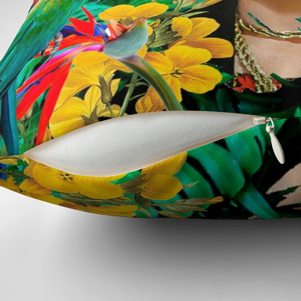 Vibrant decorative pillow featuring Frida Kahlo's iconic portrait with wild birds and nature elements.