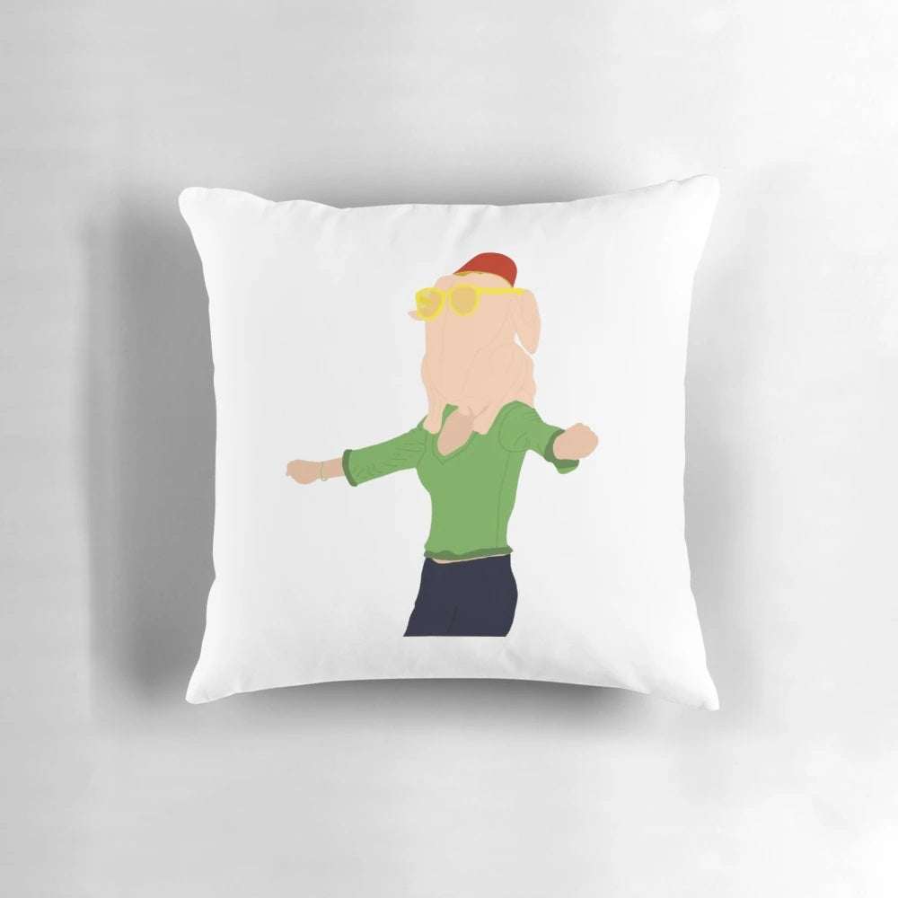 Soft, plush Friends TV show Thanksgiving pillow featuring the character Monica Geller and a turkey design.