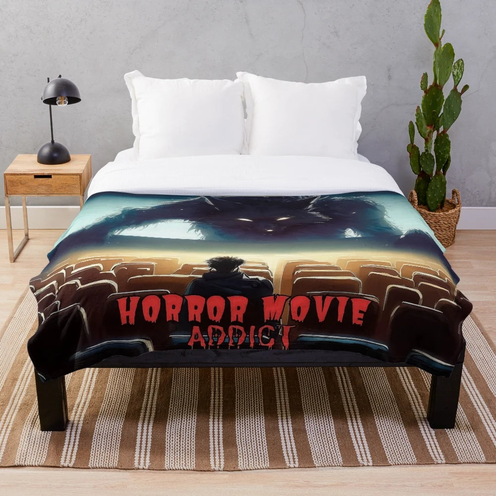 A plush blanket featuring a werewolf in a cinema hall, perfect for horror movie enthusiasts