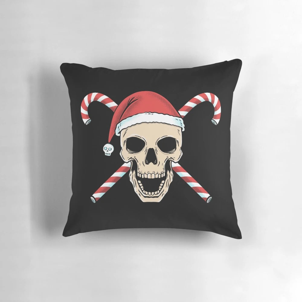 A plush, high-quality skull-themed holiday pillow for spooky, dark, and gothic home decor.