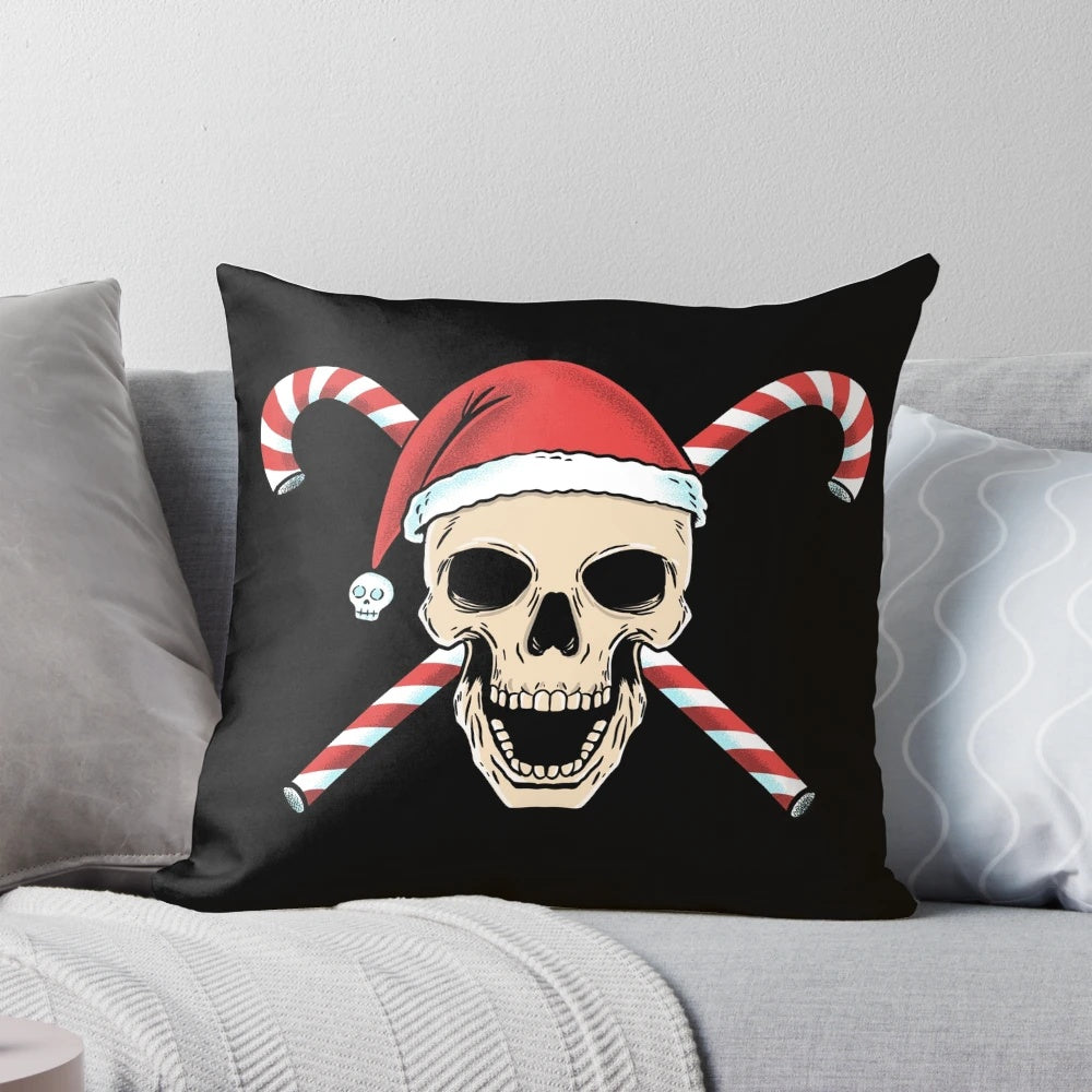 A plush, high-quality skull-themed holiday pillow for spooky, dark, and gothic home decor.
