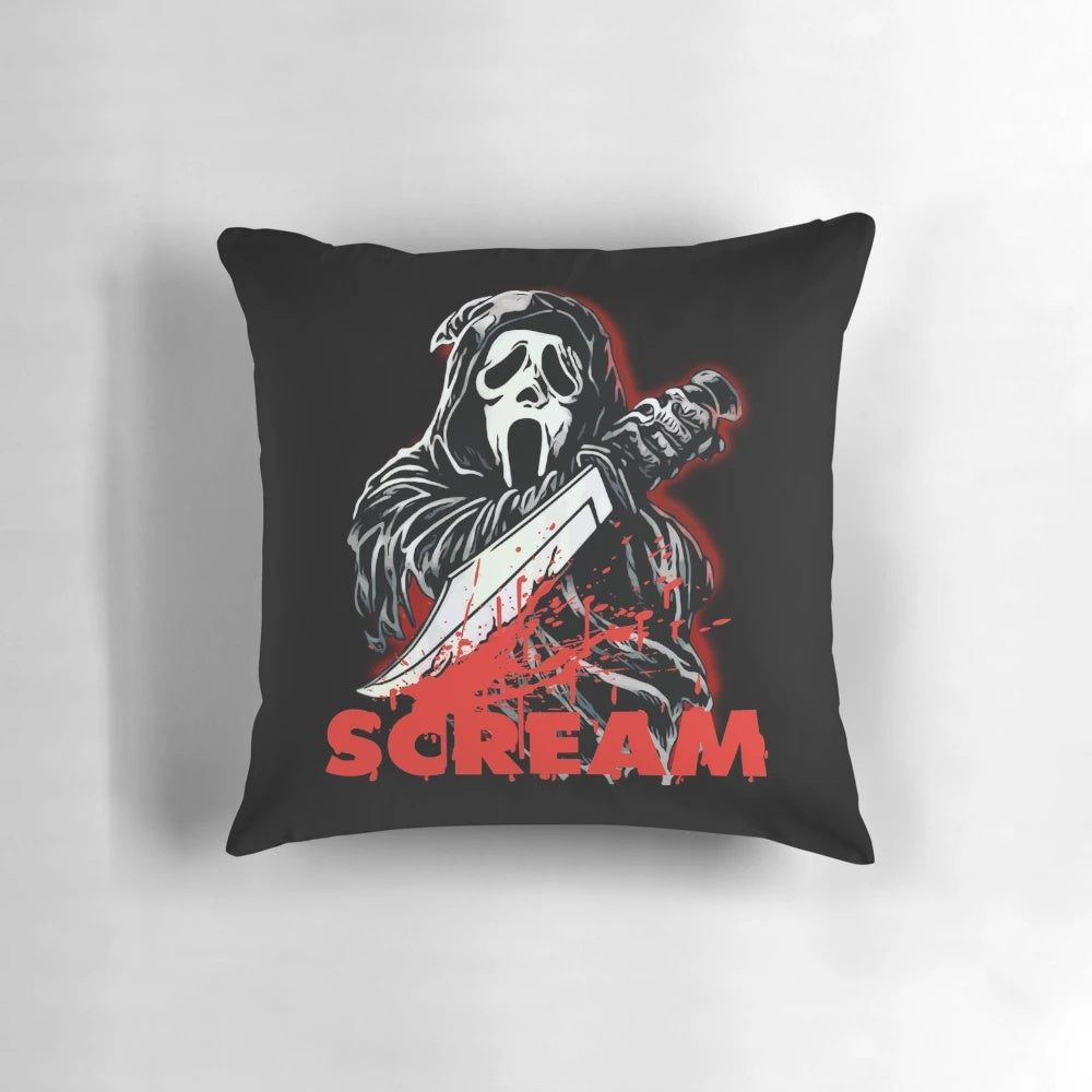 Scream movie-themed decorative pillow featuring the iconic mask