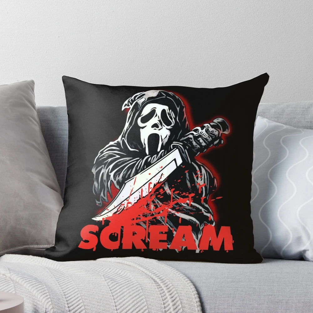Scream movie-themed decorative pillow featuring the iconic mask