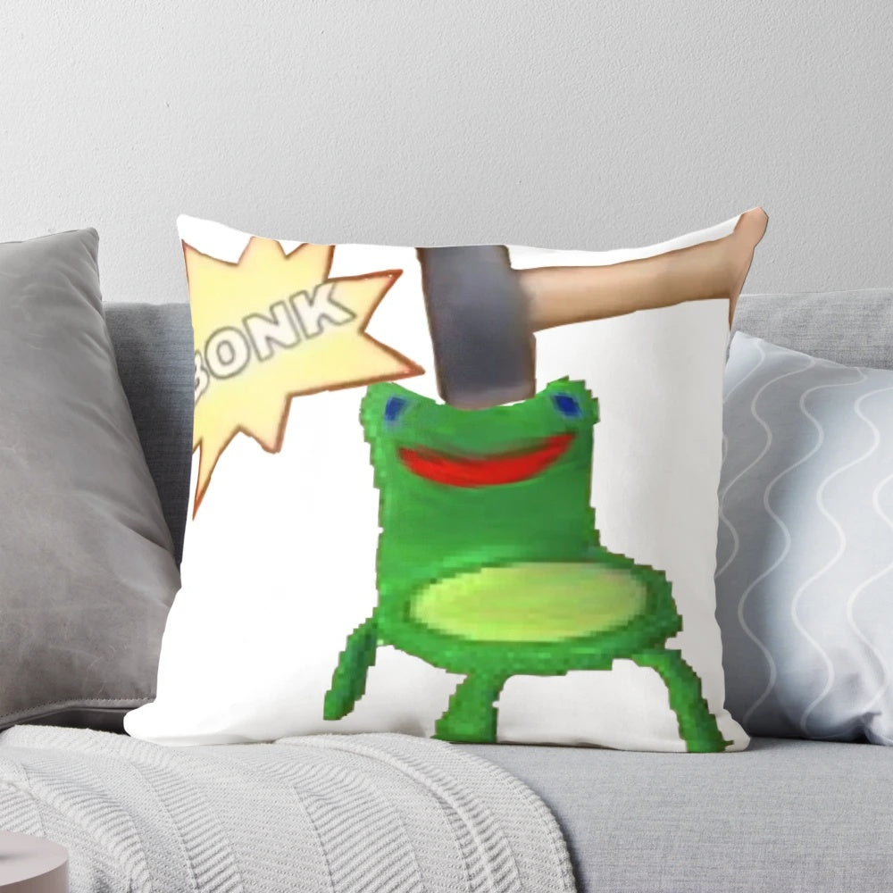 Soft, plush Froggy Chair Bonk Emoji pillow featuring a popular character from the Animal Crossing video game series.