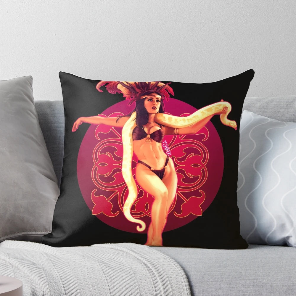 Horror movie-inspired "From Dusk Till Dawn" pillow featuring Salma Hayek and a snake