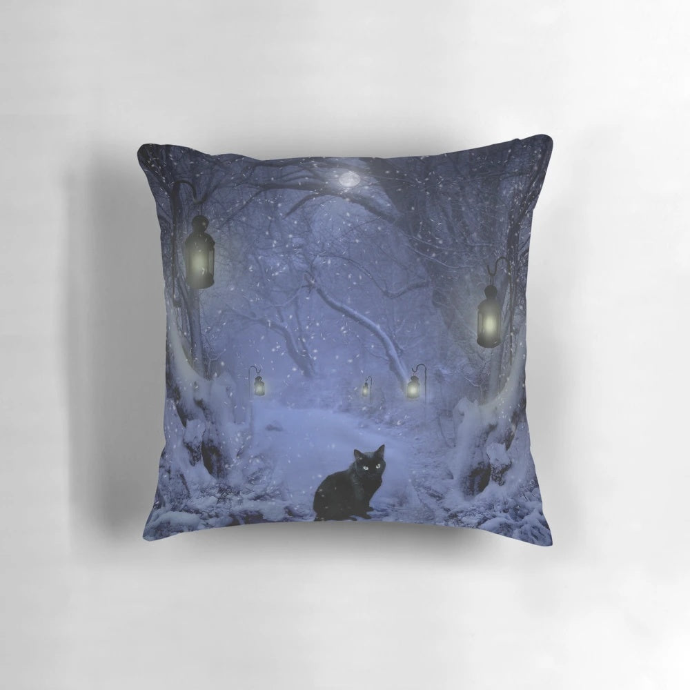 Frostar Midnight Pillow with a cozy, winter design featuring a black cat, snow, and moonlight.