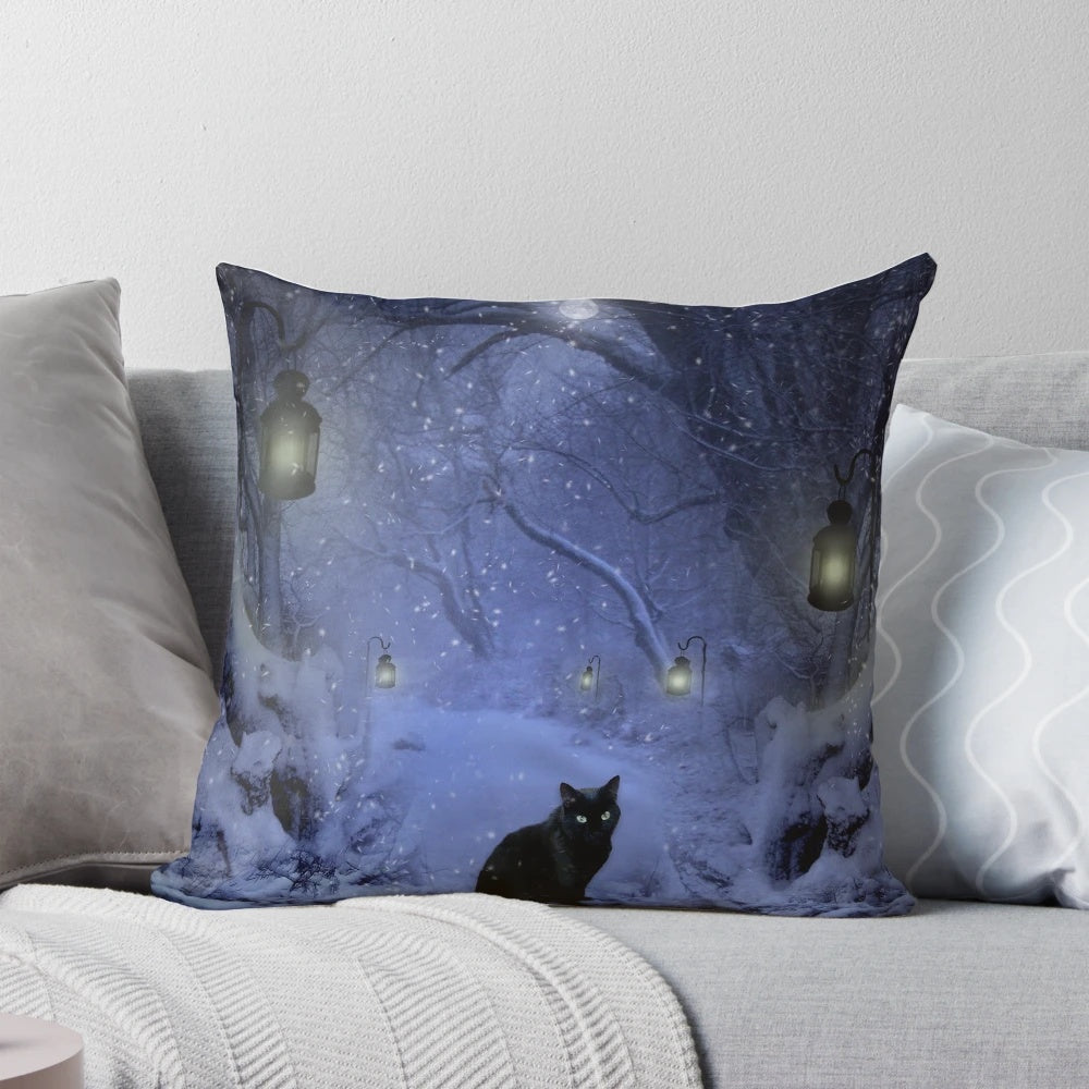 Frostar Midnight Pillow with a cozy, winter design featuring a black cat, snow, and moonlight.