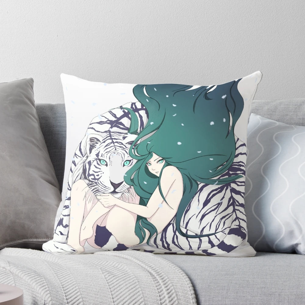 Frosty Goddess Pillow featuring a captivating white tiger anime/manga style design