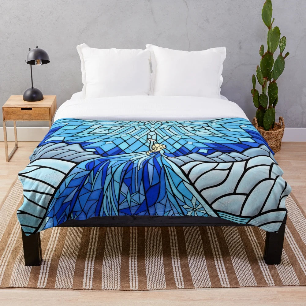 Frozen-themed plush blanket with stained glass window design featuring icy fractals and snowflakes