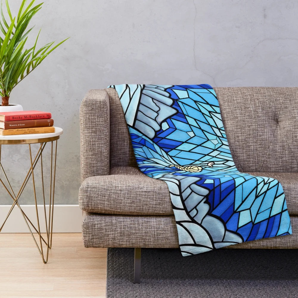 Frozen-themed plush blanket with stained glass window design featuring icy fractals and snowflakes