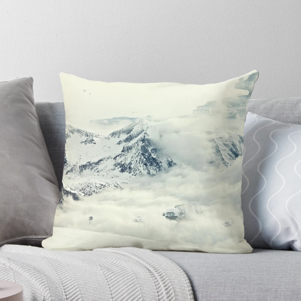 Frozen planet themed throw pillow with a stunning nature landscape design inspired by the Hoth planet from Star Wars.