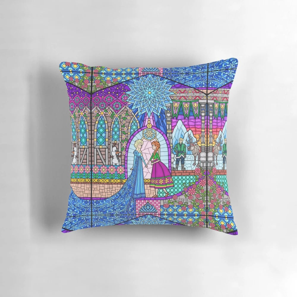 Stained glass window pillow featuring Elsa and Anna from the movie Frozen