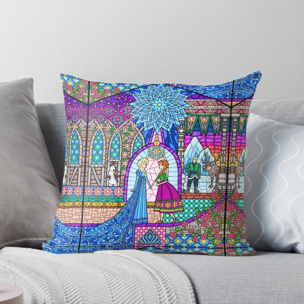 Stained glass window pillow featuring Elsa and Anna from the movie Frozen