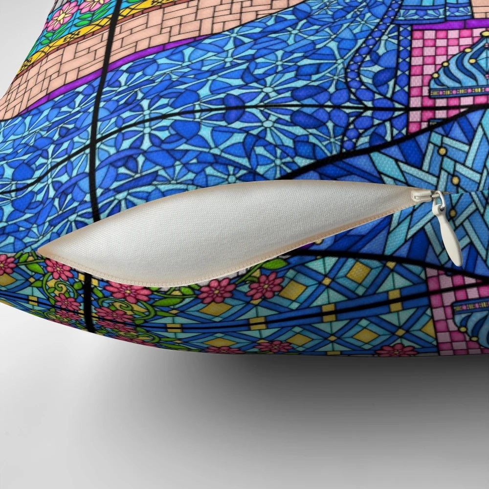 Stained glass window pillow featuring Elsa and Anna from the movie Frozen