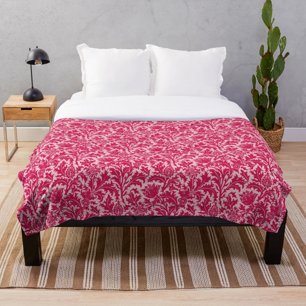 Fuchsia pink plush blanket with art nouveau inspired floral damask pattern