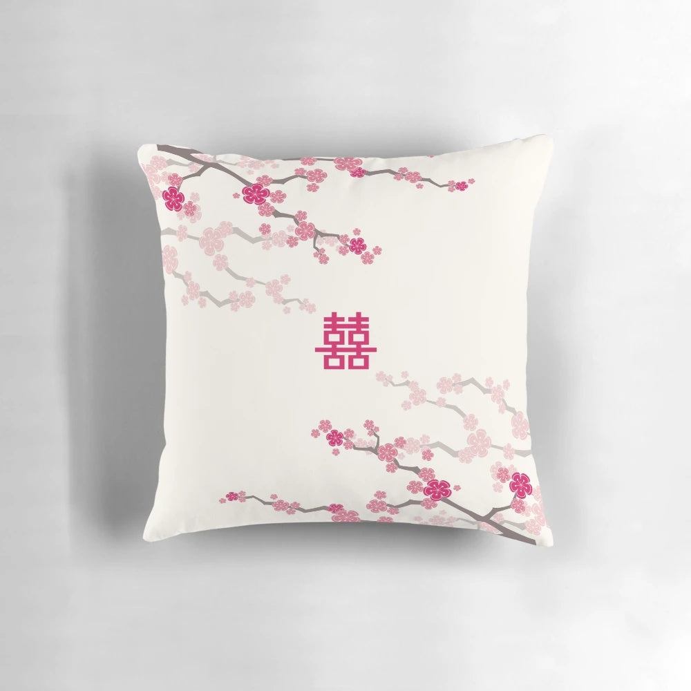 Fuchsia pink oriental cherry blossoms on a cream background with Chinese wedding double happiness symbols