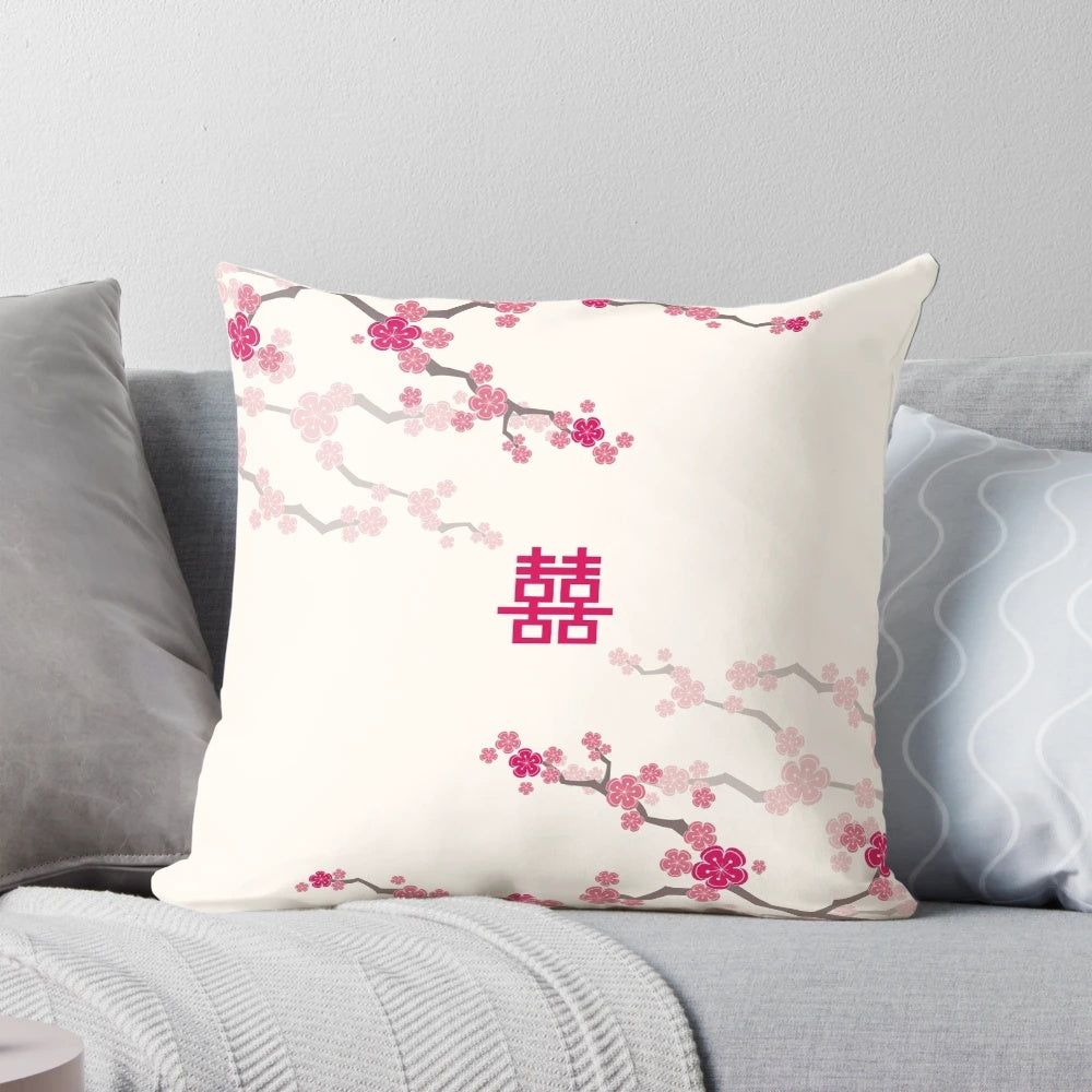 Fuchsia pink oriental cherry blossoms on a cream background with Chinese wedding double happiness symbols