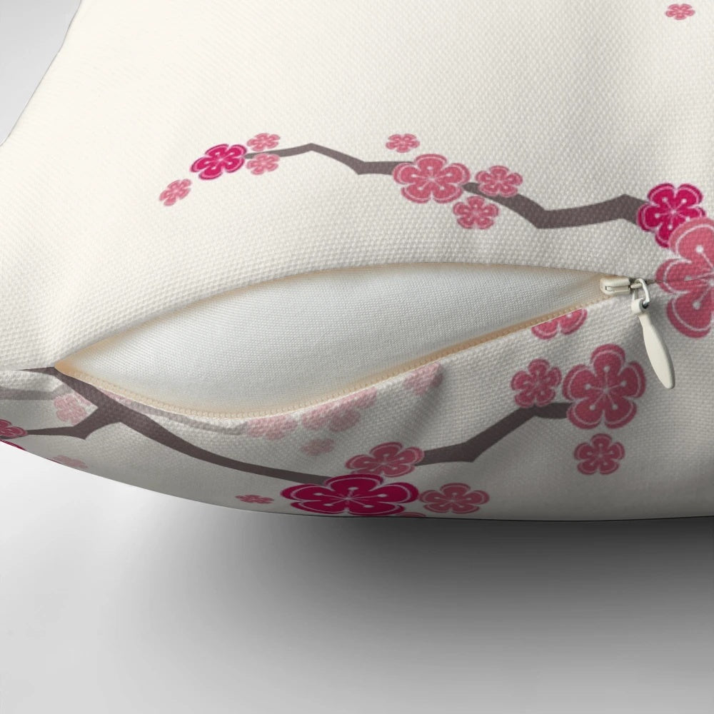 Fuchsia pink oriental cherry blossoms on a cream background with Chinese wedding double happiness symbols