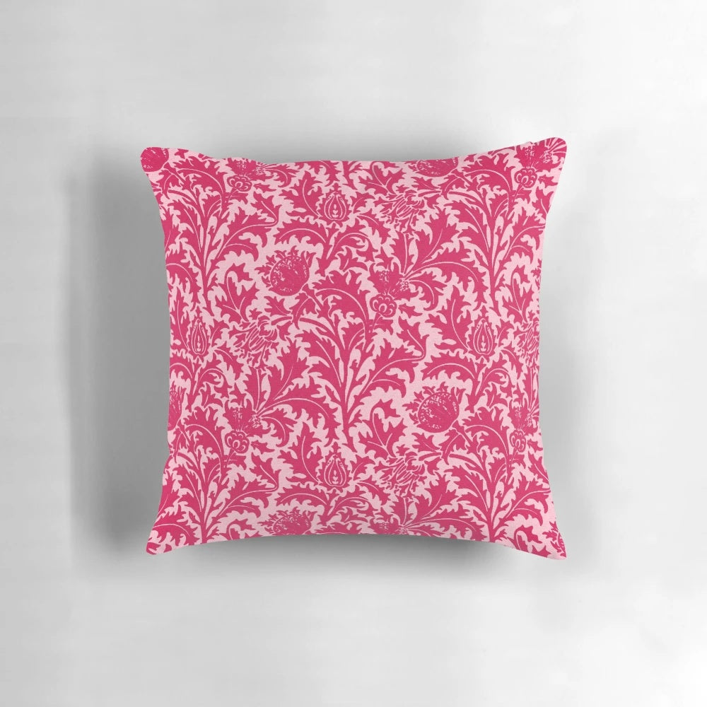 Fuchsia pink William Morris inspired vintage damask pattern throw pillow