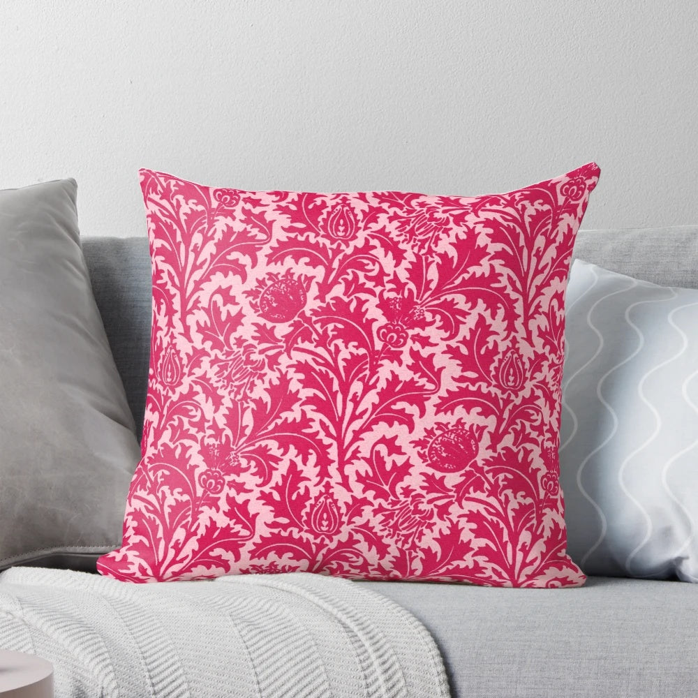 Fuchsia pink William Morris inspired vintage damask pattern throw pillow