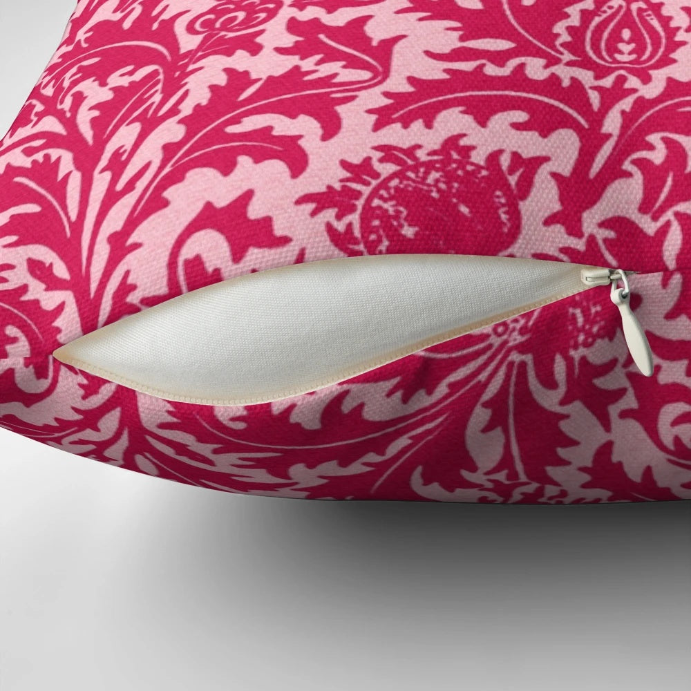Fuchsia pink William Morris inspired vintage damask pattern throw pillow