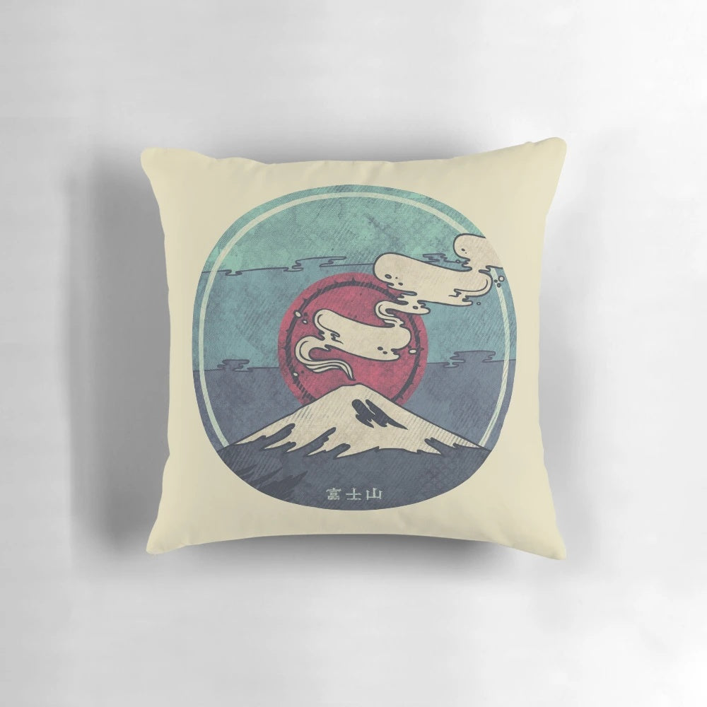 Fuji inspired geometric pillow with concentric circles and Japanese kanji details