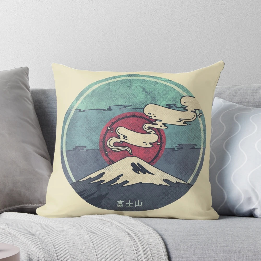 Fuji inspired geometric pillow with concentric circles and Japanese kanji details