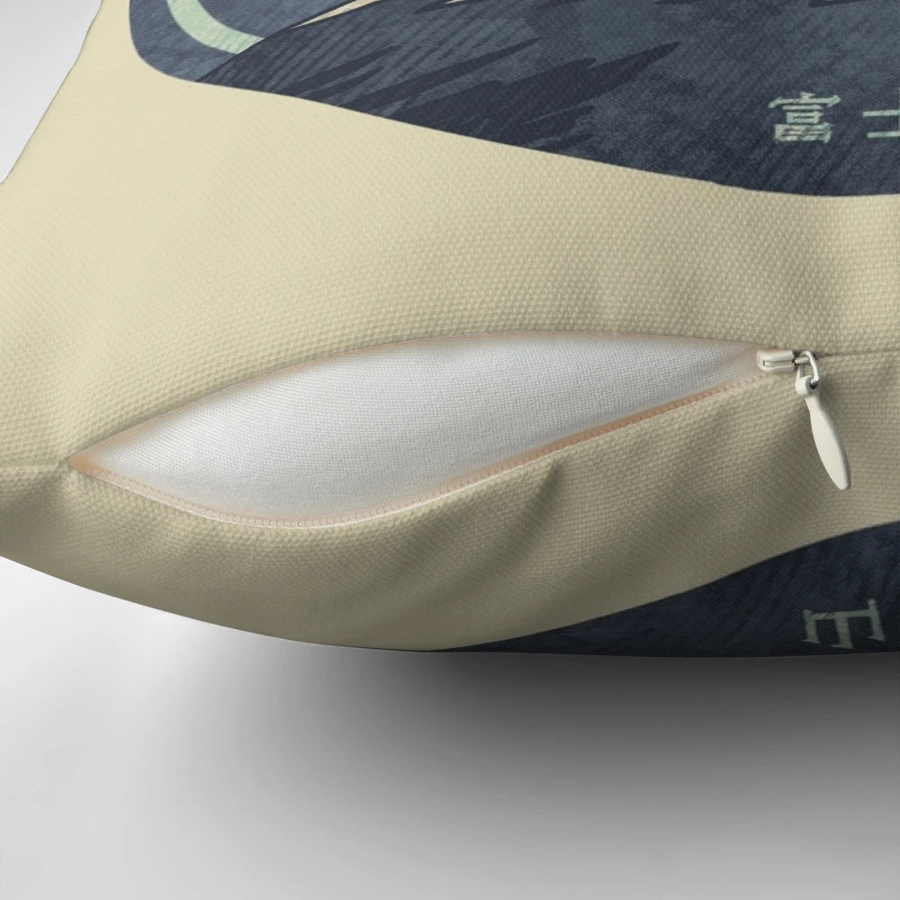 Fuji inspired geometric pillow with concentric circles and Japanese kanji details