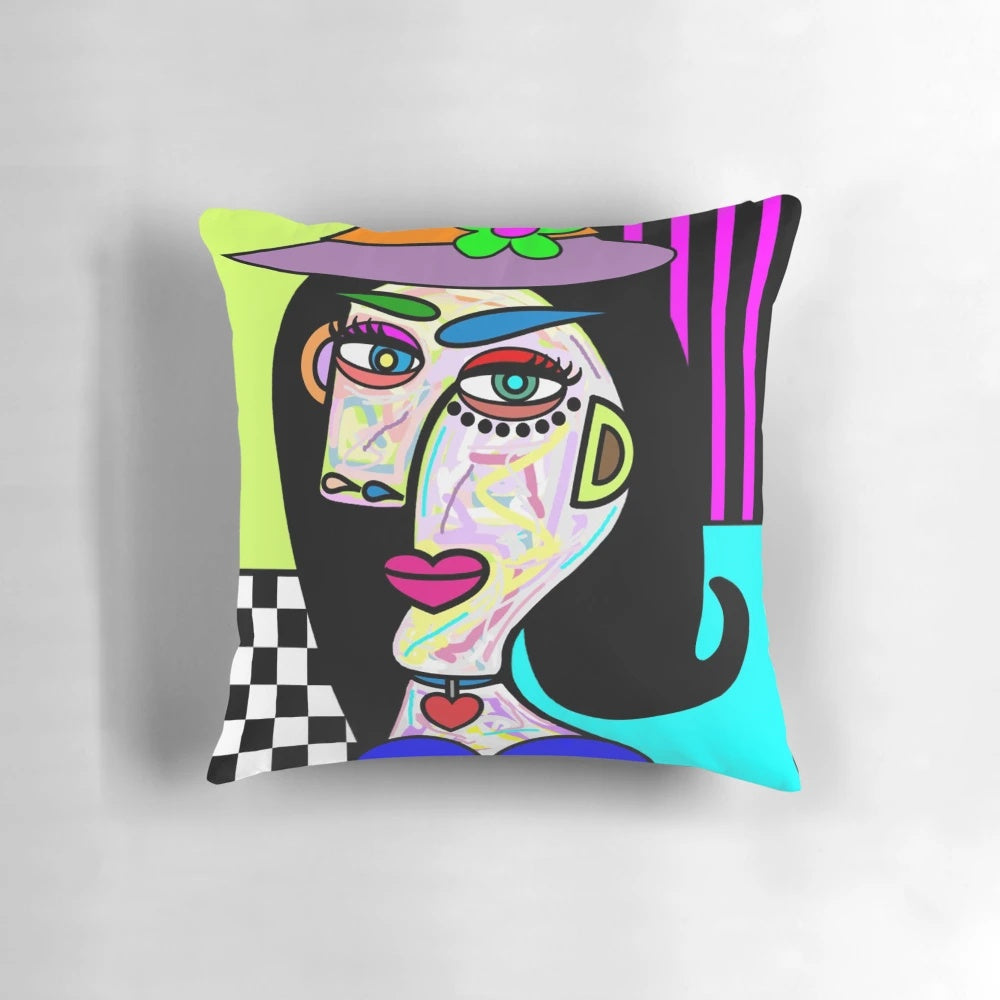 Funky abstract face art pillow with colorful, Picasso-style design