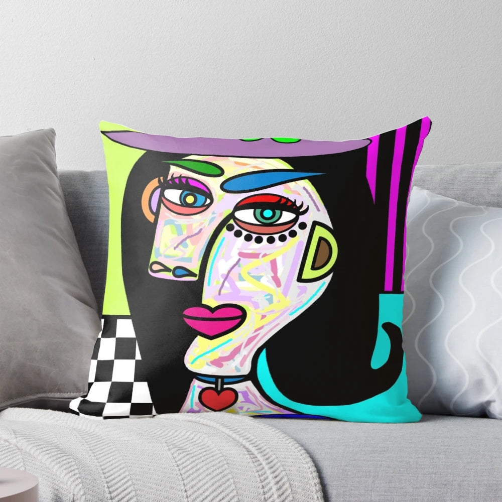 Funky abstract face art pillow with colorful, Picasso-style design