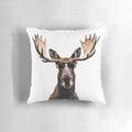 Decorative throw pillow featuring a funny moose wearing sunglasses in a forest setting