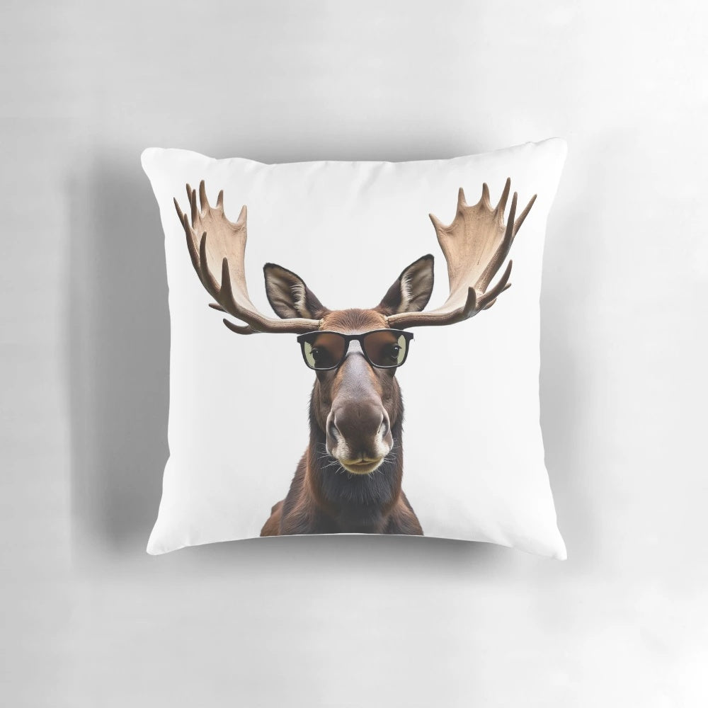 Decorative throw pillow featuring a funny moose wearing sunglasses in a forest setting