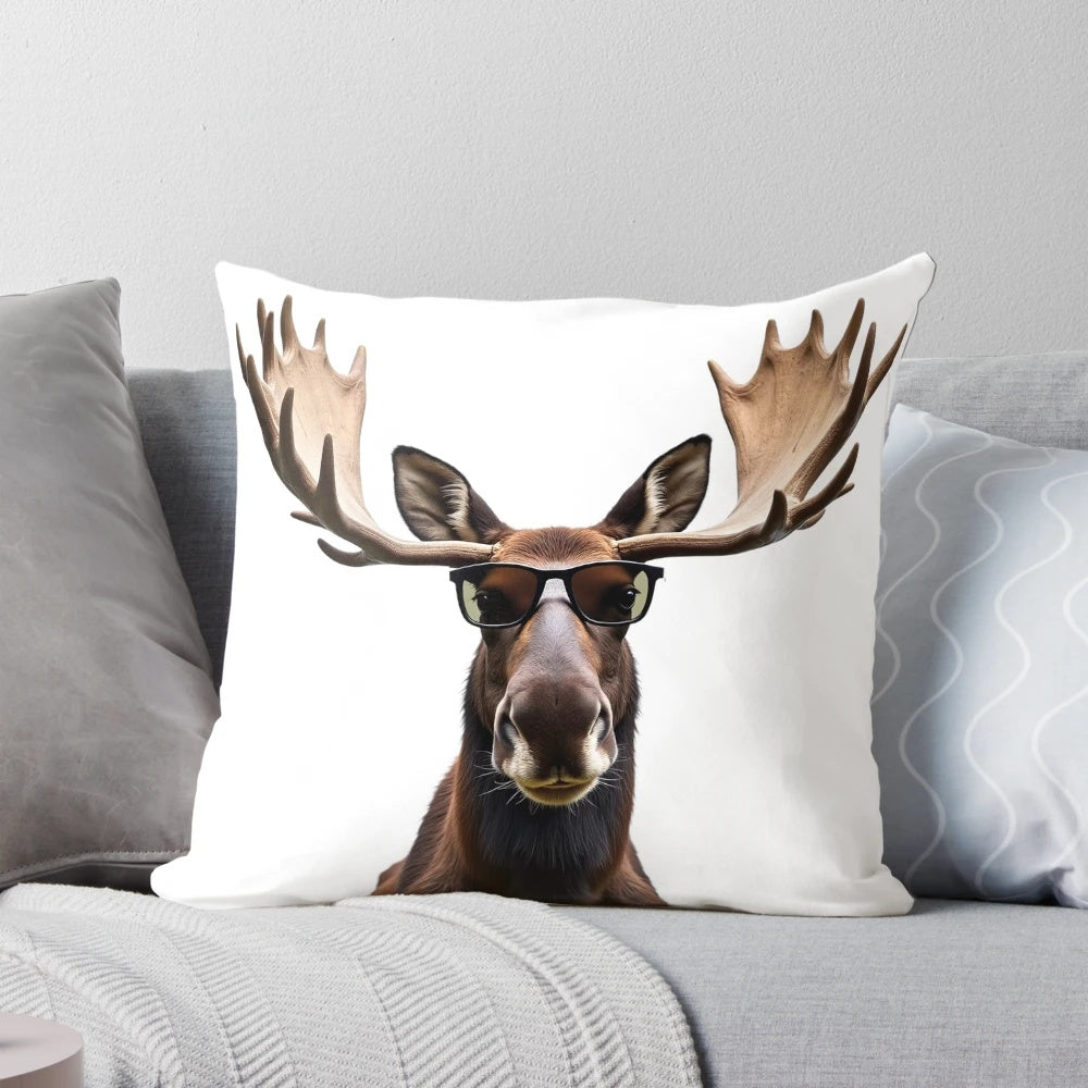 Decorative throw pillow featuring a funny moose wearing sunglasses in a forest setting