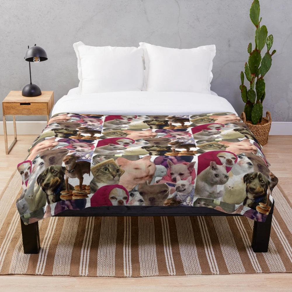 Colorful plush blanket featuring a collage of popular animal memes