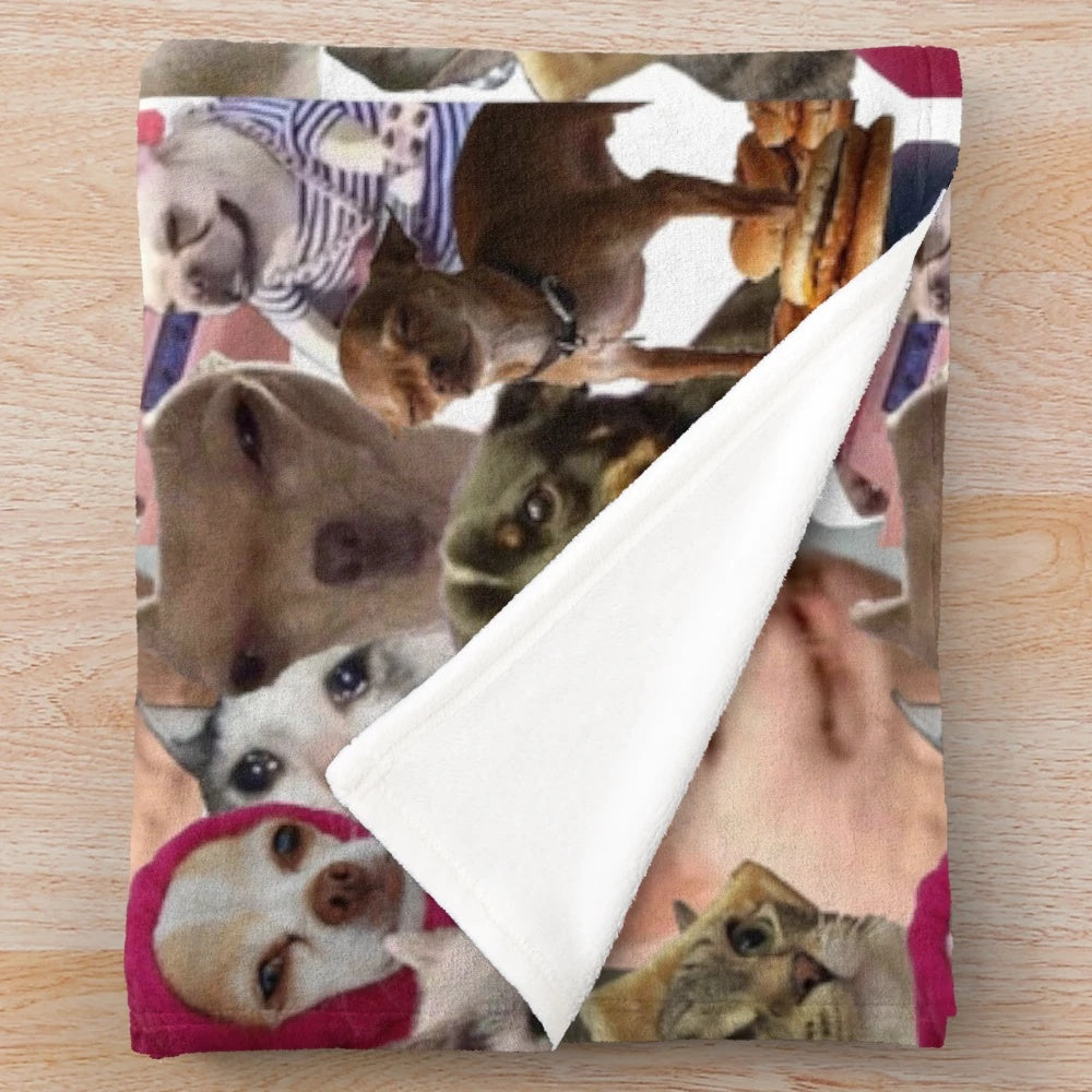 Colorful plush blanket featuring a collage of popular animal memes