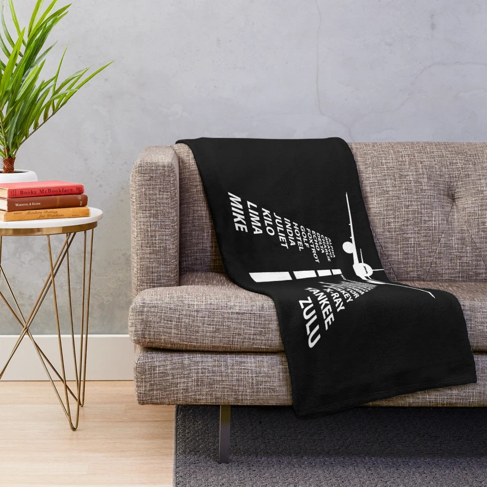 Plush blanket with phonetic alphabet and funny airplane design
