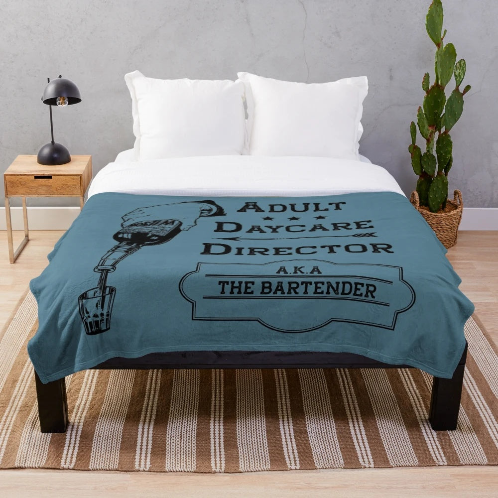 Plush blanket with funny bartender design