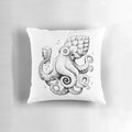 A black and white cartoon illustration of an octopus drinking a beer on a plush pillow
