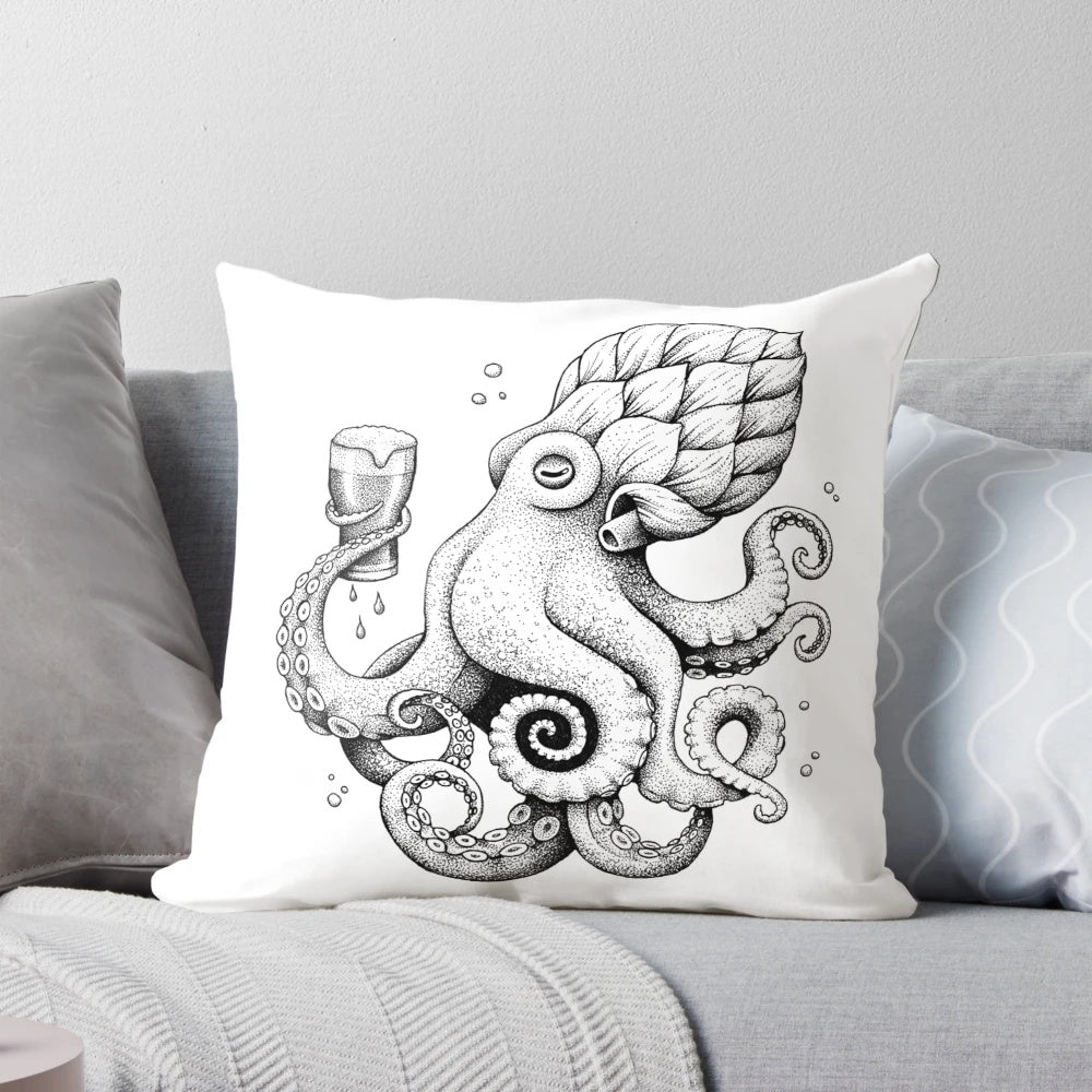 A black and white cartoon illustration of an octopus drinking a beer on a plush pillow