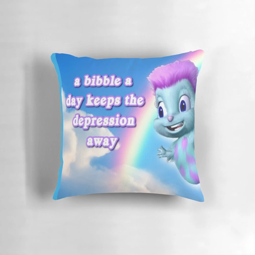 A white pillow with the text "a bibble a days keeps the depression away" printed on it.